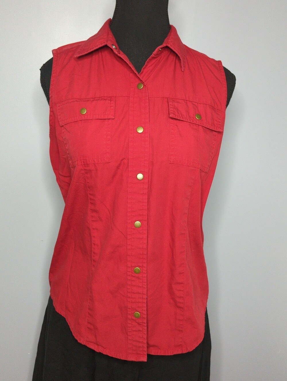 VTG Jones New York Red Sleeveless Western Utility Blouse Cotton Snaps M